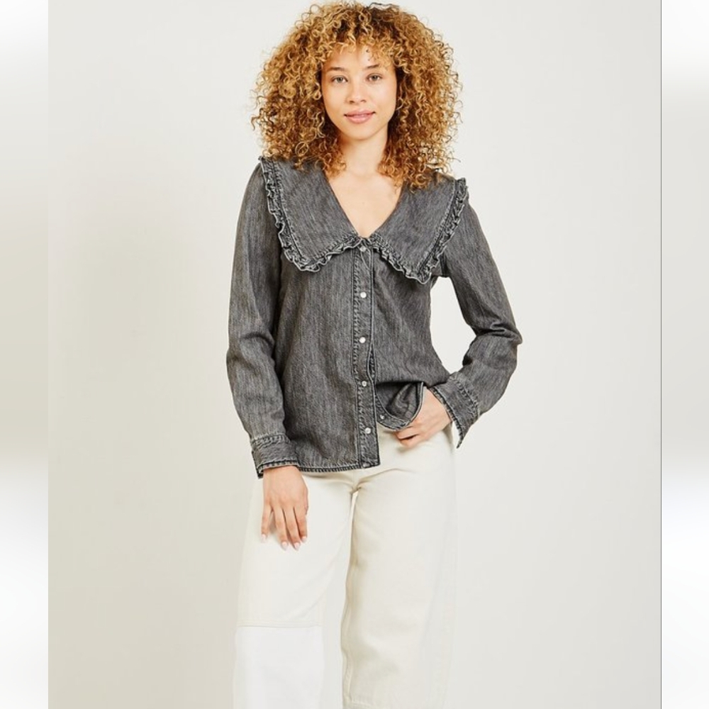 GANNI Ruffled Denim Top in Grey Organic Cotton - EU 38